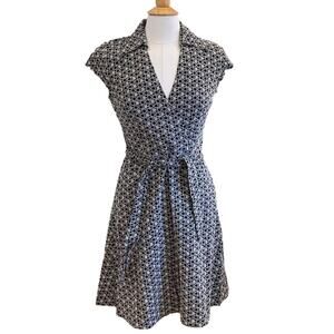 LOFT Black & Ivory Embroidered Floral Cap Sleeve, Collar Faux Wrap Dress 8